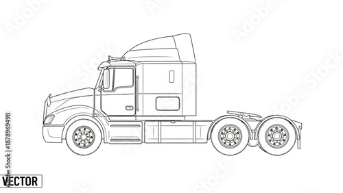 Black and white line drawing of a semi truck with trailer.