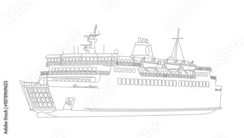 Large ferry boat with multiple decks and navigation equipment.