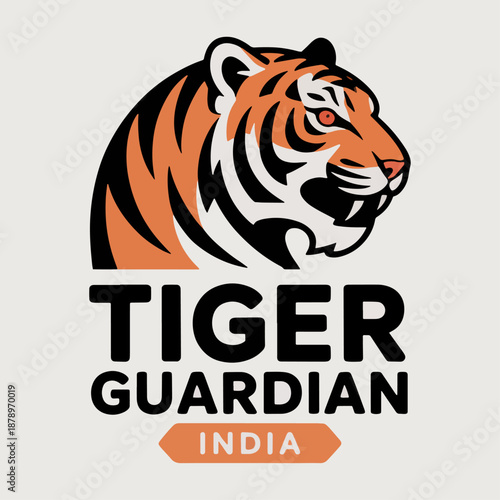 Tiger Guardian India logo with side‑profile striped tiger, noble big cat symbol; modern conservation and safari branding vector illustration