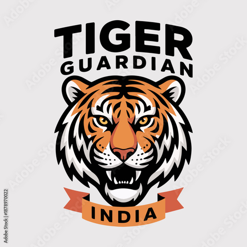 Tiger Guardian India crest with fierce tiger head, bold wildlife mascot emblem and ribbon banner; conservation and culture themed vector logo for branding