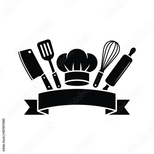 Culinary tools and chef s hat a black and white illustration