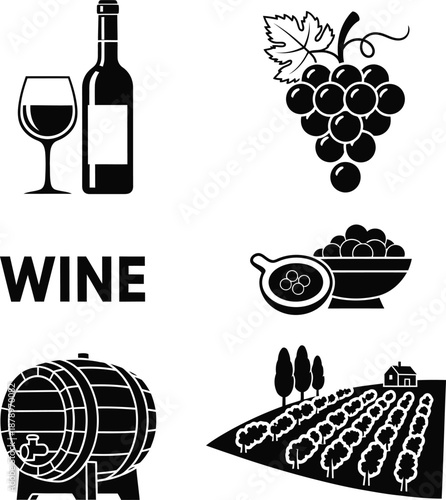Set of black and white icons including wine bottle and glass plus grapes and vineyard barrel for winery branding and tasting events or restaurant drink menu and luxury alcohol graphics
