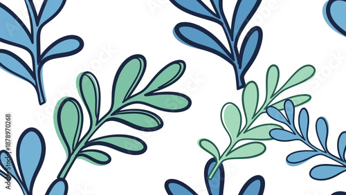 Minimalist Botanical Vector Pattern with Leaf Elements in Blue and Green Colors in Organic Style
