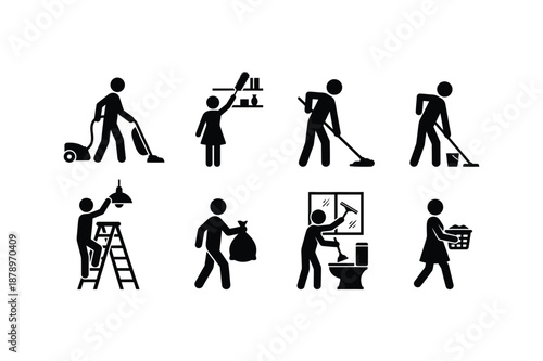 Silhouette of various people performing household cleaning tasks in silhouette