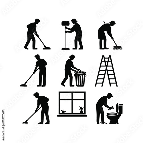 Silhouette of various cleaning and maintenance tasks in a grid layout