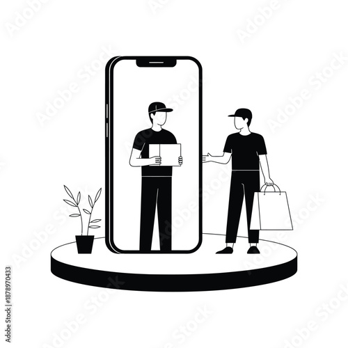 Two delivery men interacting with a large smartphone screen display