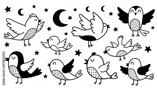 Minimalist Vector Illustration of Flying Birds and Celestial Elements in Black and White for Children's Nursery Decor