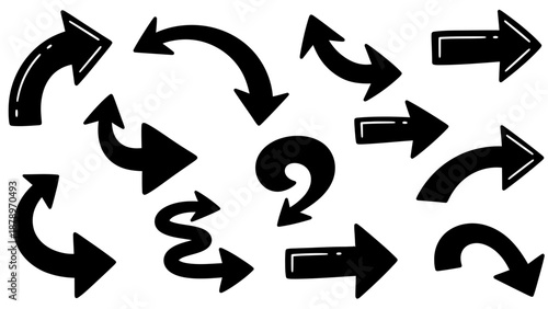 Vector Arrow Collection of Curved and Straight Directions in Modern Minimalist Style with Black Monochrome Color Scheme for Dynamic Flow and Navigation Design