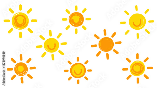 Vector Pattern of Smiling Sun Icons in Modern Bright Yellow and Orange Colors