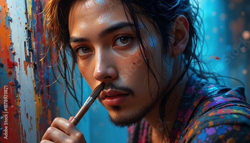 Creative artist pondering next brushstroke in colorful studio