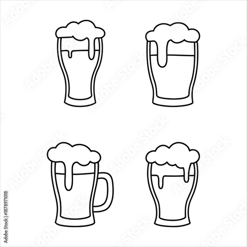 four beer glasses with frothy tops in a simple line drawing style