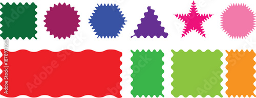 Variety of colorful geometric shapes with wavy and serrated edges displayed