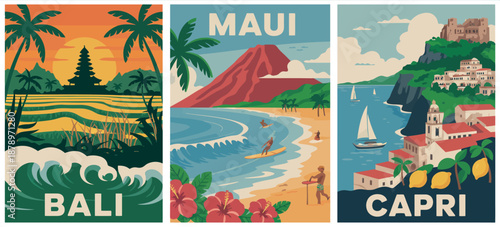 Travel Destination Poster – Maui, Hawaii, Bali, Indonesia, Capri, Italy landscape vector art illustrations