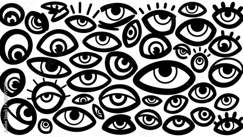 Vector Pattern of Eye Icons in Modern Minimalist Style with Black and White Color Scheme