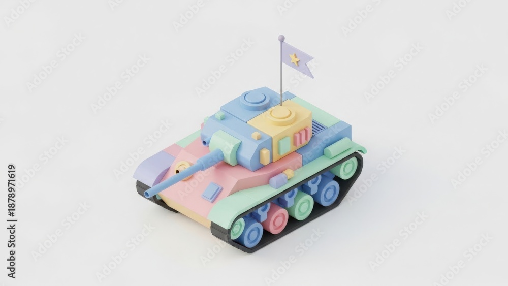 Fototapeta premium Stylized 3D render of a pastel-colored toy tank. Cute low-poly military vehicle illustration on white background. Copy space