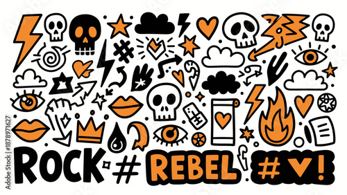 Vector Pattern with Rock Rebel Symbols and Abstract Elements in Modern Cartoon Style with Bold Black and Orange Colors