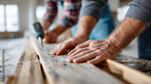 Close-up of faceless hands of two people together assembling a complex piece of furniture, shared activity and partnership, gritty workshop floor, bright daylight, sharp focus on t