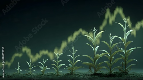 Green grass growing on a background with economic performance lines
