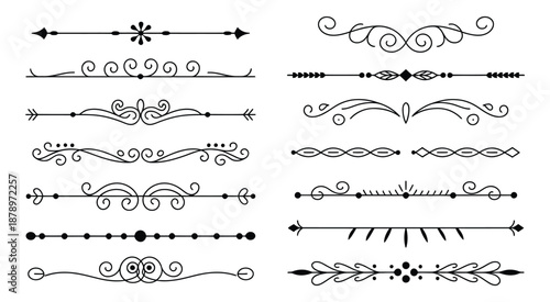 Divider borders, black ornate frame and decorative lines, symmetrical flourishes, curls, arrows, and tribal elements, vector set ideal for invitations, menus, certificates, and decorative graphics.