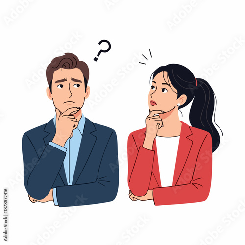 Two business colleagues pondering and questioning with puzzled expressions and thinking gestures