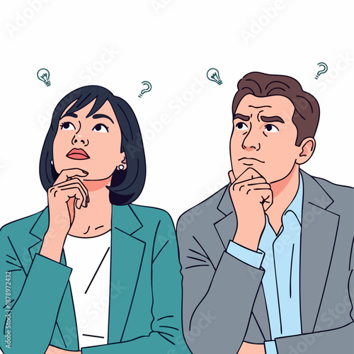 Confused business couple thinking with question marks above their heads in cartoon style