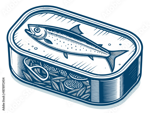 Sardine Can Vector Minimalist Industrial Blue White Packaging Graphic ,transparent background