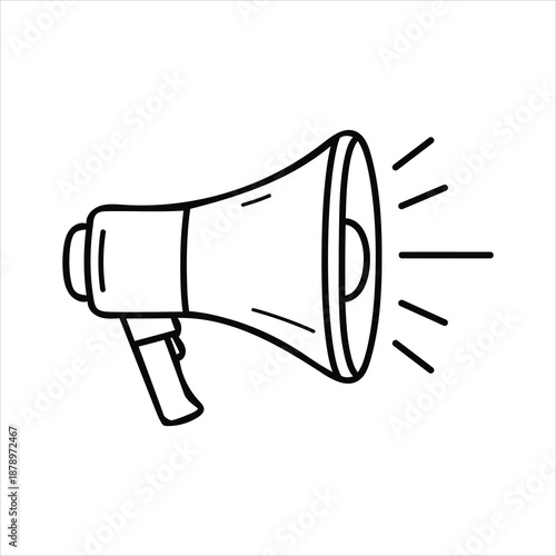 Simple black and white illustration of a vintage style megaphone broadcasting sound waves