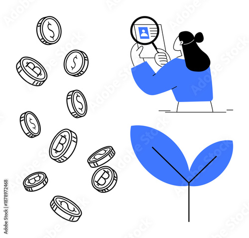 Financial growth concept. Financial growth ed by coins, digital identity magnification, and eco-themed leaves. Financial success, personal security, eco-finance synergy, online safety, technological
