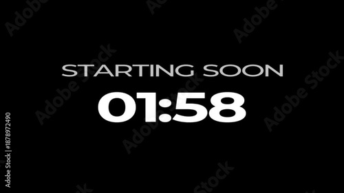 120 to 0 seconds, 2 minutes countdown with animated text streaming starting soon, 4k video on black background