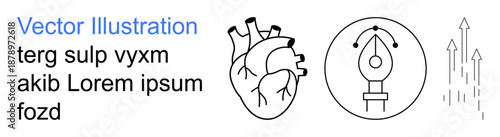 Health, creativity, design, growth, progress, innovation. are an anatomical heart, a pen tool symbol and upward-pointing arrows. Health and creativity stand out prominently