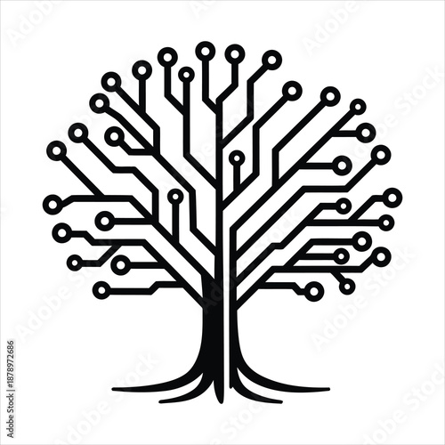 A digital tree with interconnected nodes and branches symbolizing technology and growth