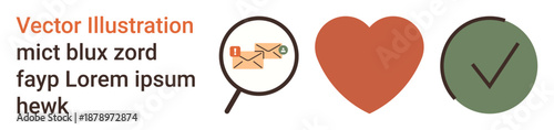 Mail, analytics, love, approval, communication, research. A magnifying glass examining an envelope, a heart and a checkmark icon. Mail and analytics concepts