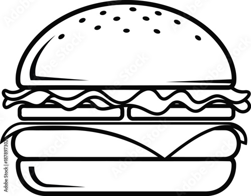 Burger outline drawing with sesame seeds on bun, lettuce, tomato, cheese, and patty, fast food, restaurant menu item