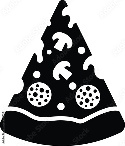 Pizza slice icon with mushroom and pepperoni toppings on crust, italian food, restaurant menu item