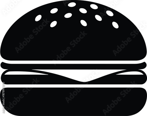 Burger fast food icon delicious meal symbol monochrome black silhouette bun sesame seeds beef patty cheese lettuce
