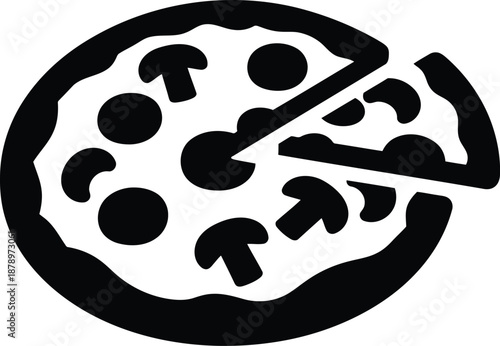 Whole pizza with mushroom and pepperoni toppings, one slice removed, italian fast food, take out delivery