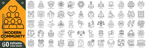 Modern community line editable icons set. Thin vector illustration of people, social network, neighborhood, friendship, family, connection & belonging symbols.