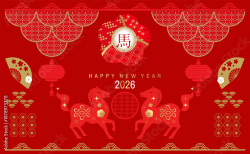 Happy Chinese New Year 2026, Zodiac sign, lunar year of the Horse Chinese translation: "Happy New Year, Horse" Vector template  zodiac symbol animal mascot poster, banner flat icon illustration