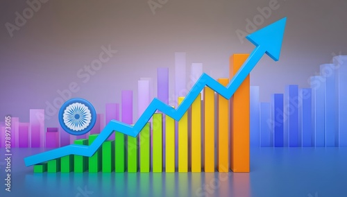 Free Download 3D bar graph with ascending blue arrow and Indian emblem on a gradient background growth chart - GFXLoad