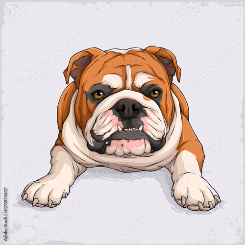 Hand drawn portrait of a fierce fawn English bulldog lying down with paws forward, wrinkled face and intense expression on light background