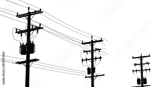 Electric power line pole silhouette with transmission cables utility infrastructure isolated on white background energy distribution illustration black vector design