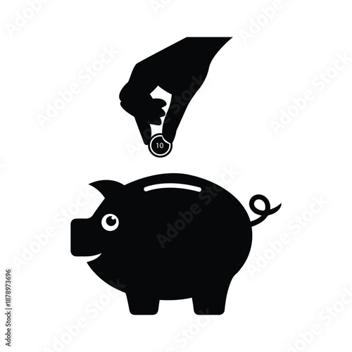 Happy Piggy bank with falling coin silhouette isolated on transparent background, representing savings, finance, money, and investment.