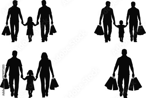 Family shopping silhouette parents and children walking together holding hands carrying bags isolated on white background consumer lifestyle illustration concept