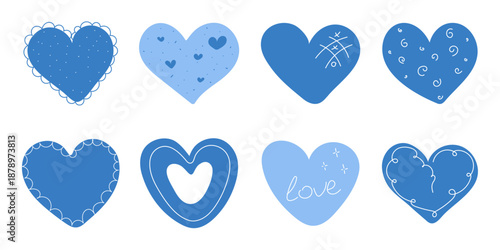 Hand drawn blue heart shapes with simple lines and playful textures. Cute decorative elements for love themes, cards, prints, kids designs, stickers, posters, social media, and romantic visual project