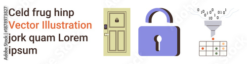Cybersecurity, data protection, encryption, secure access, privacy, data analysis. A locked door, a purple padlock and binary data filtering into a grid. Cybersecurity and data protection concepts
