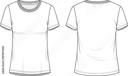 Front and back view of blank white t-shirt mockup isolated on background for apparel design, branding, printing, fashion presentation template, retail, vector