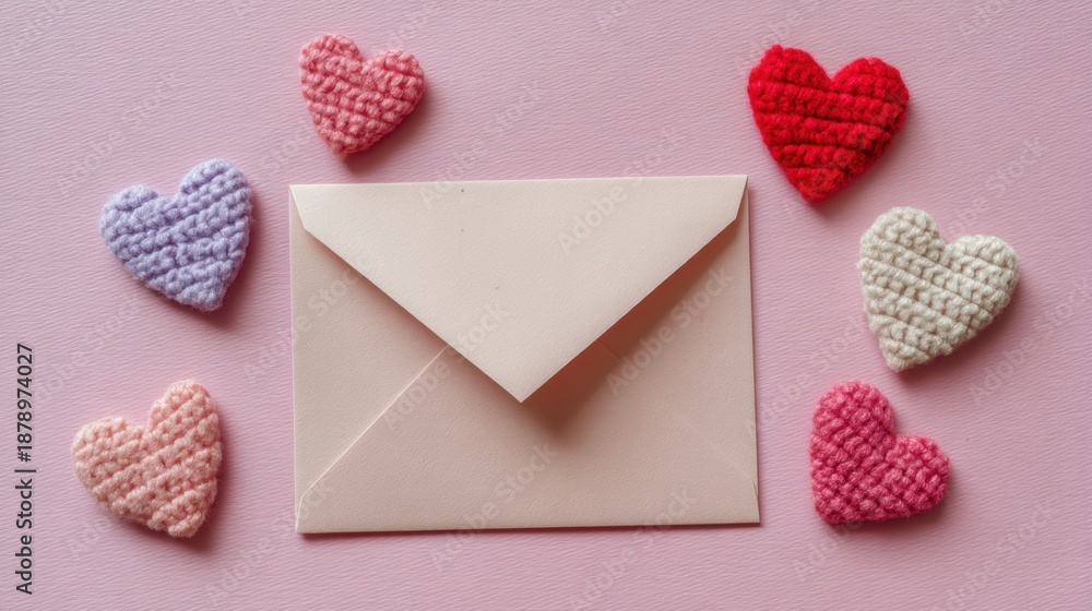 Fototapeta premium Romantic Flat Lay of Love Letter Envelope Surrounded by Soft Yarn Hearts on Pink Background