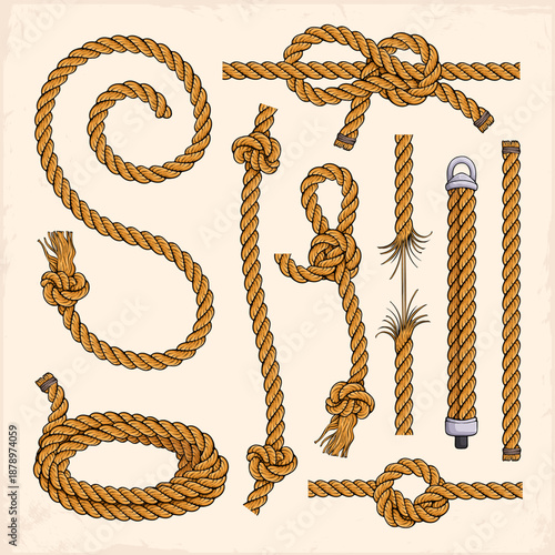 Hand drawn set of beige rope elements including coils, knots, loops, straight segments, frayed ends and eye splice on a light textured background
