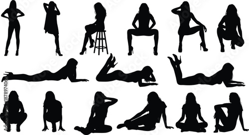 Female silhouette poses collection, sensual women body positions, fashion model outlines, sitting standing lying poses, high heel figure silhouettes set