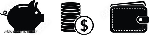 Finance money icon set piggy bank coins wallet savings payment budget concept isolated on white background illustration